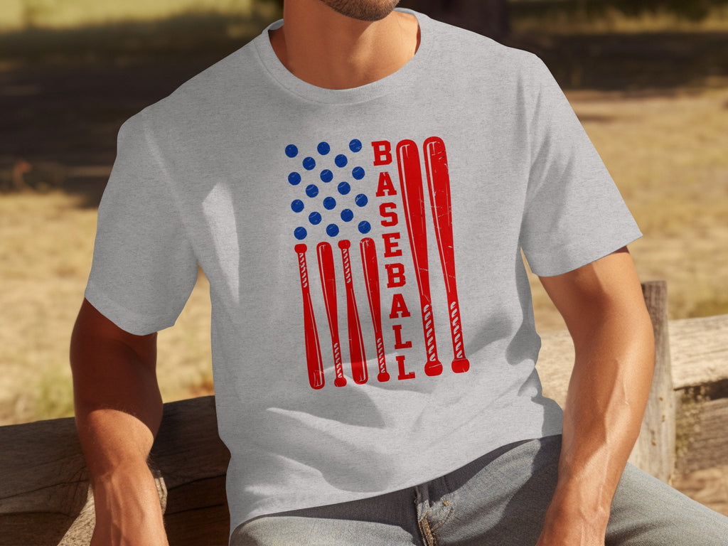 Gray t-shirt with red baseball bats forming an American flag design.