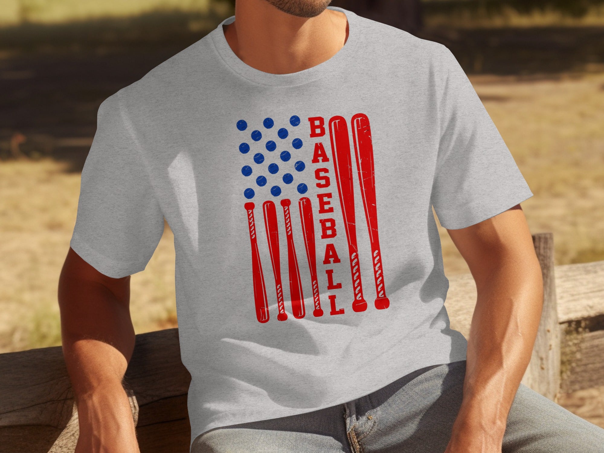 Gray t-shirt with red baseball bats forming an American flag design.