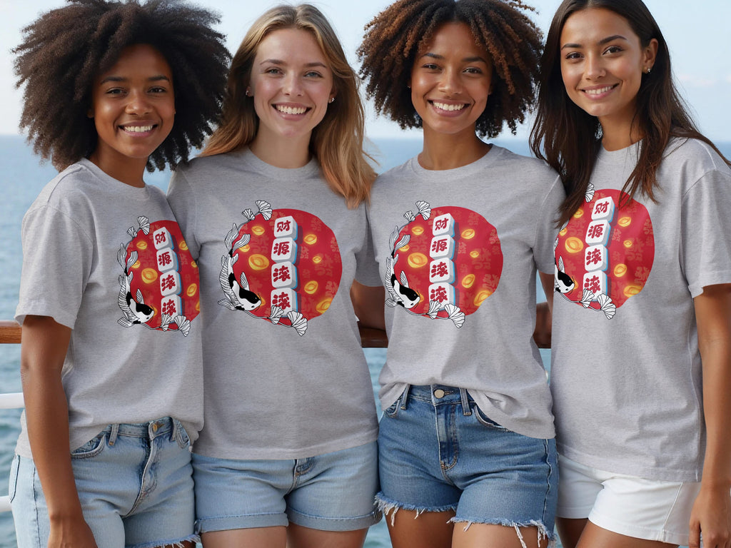 Four women wear grey t-shirts with a red circular design featuring a koi fish and Chinese characters.