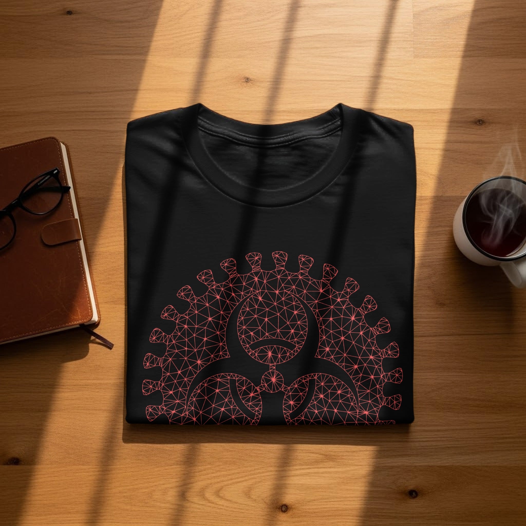 Black t-shirt with a pink wireframe biohazard symbol on the chest.