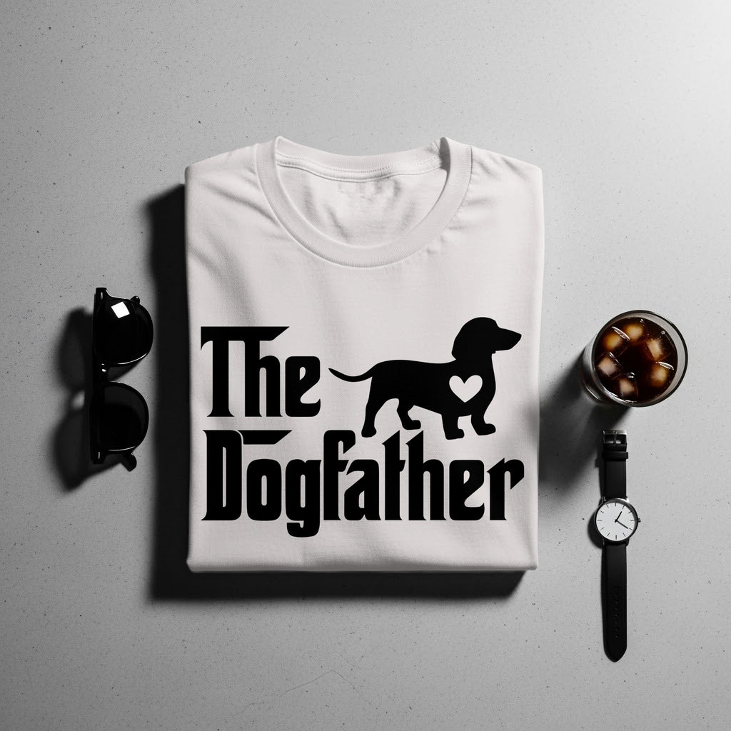 White t-shirt with "The Dogfather" text and a dachshund silhouette with a heart.