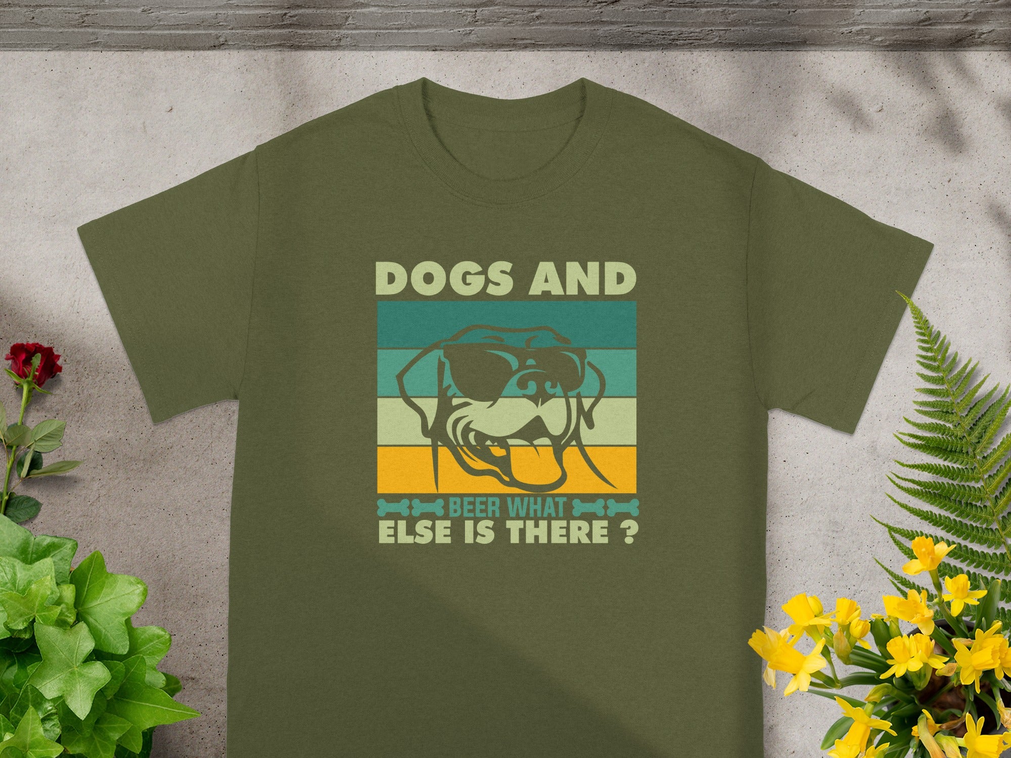 Olive green t-shirt with retro dog graphic and text, "Dogs and Beer What Else Is There?"