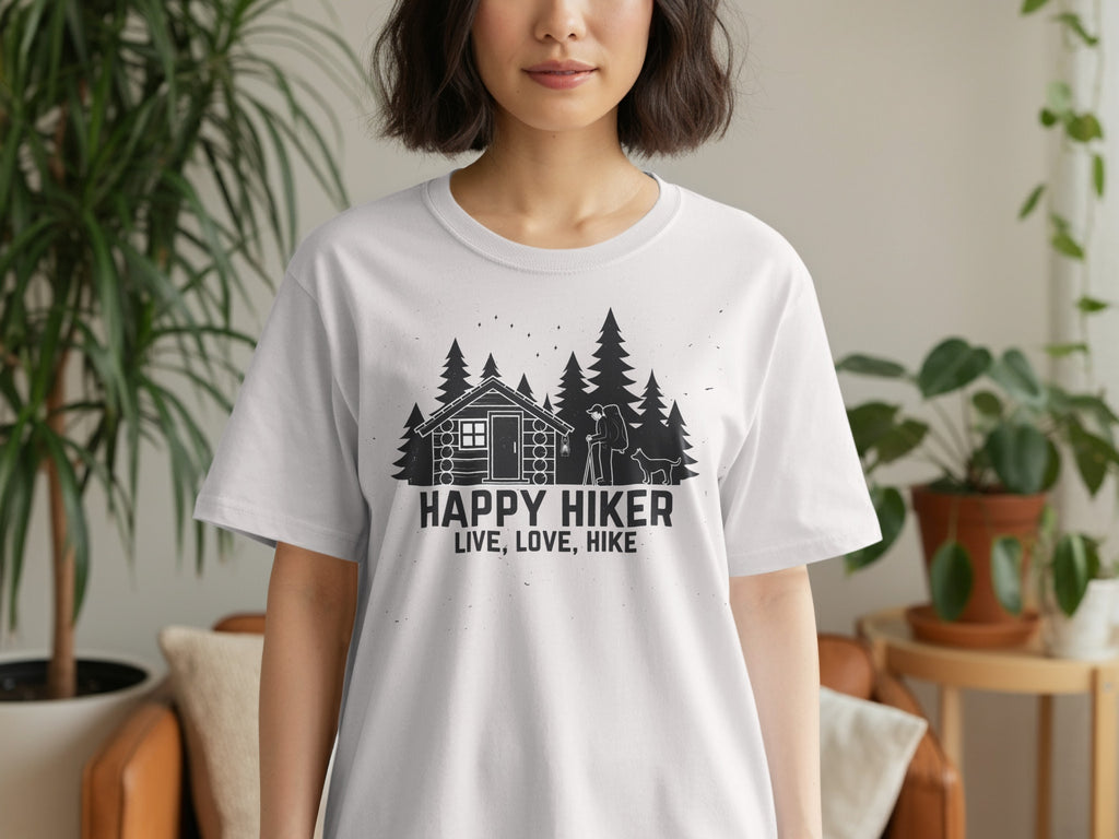 White t-shirt with black graphic of a cabin, trees, hiker, and dog; text reads "HAPPY HIKER LIVE, LOVE, HIKE".