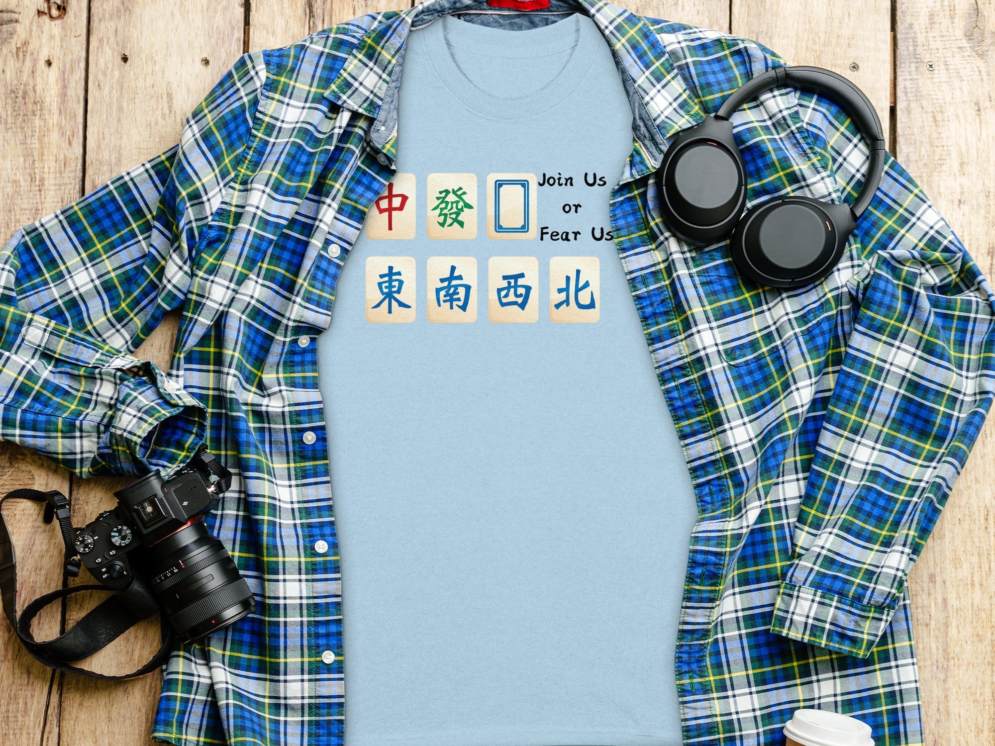Light blue t-shirt with Chinese characters and "Join Us or Fear Us" text.