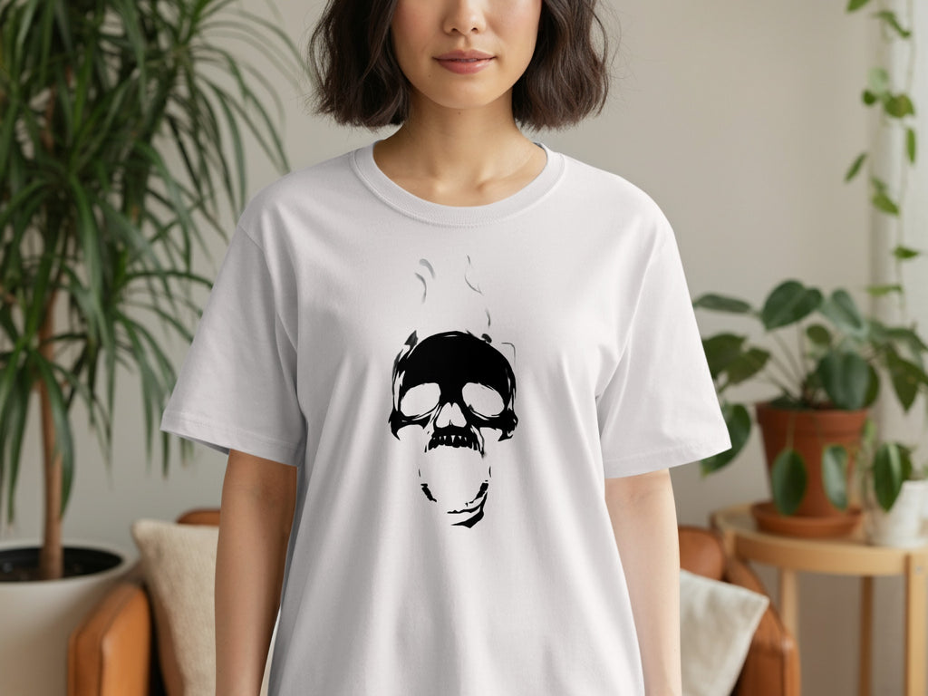 White t-shirt with a black, stylized skull graphic and smoke rising