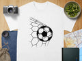 White t-shirt with black graphic of a soccer ball in a net.