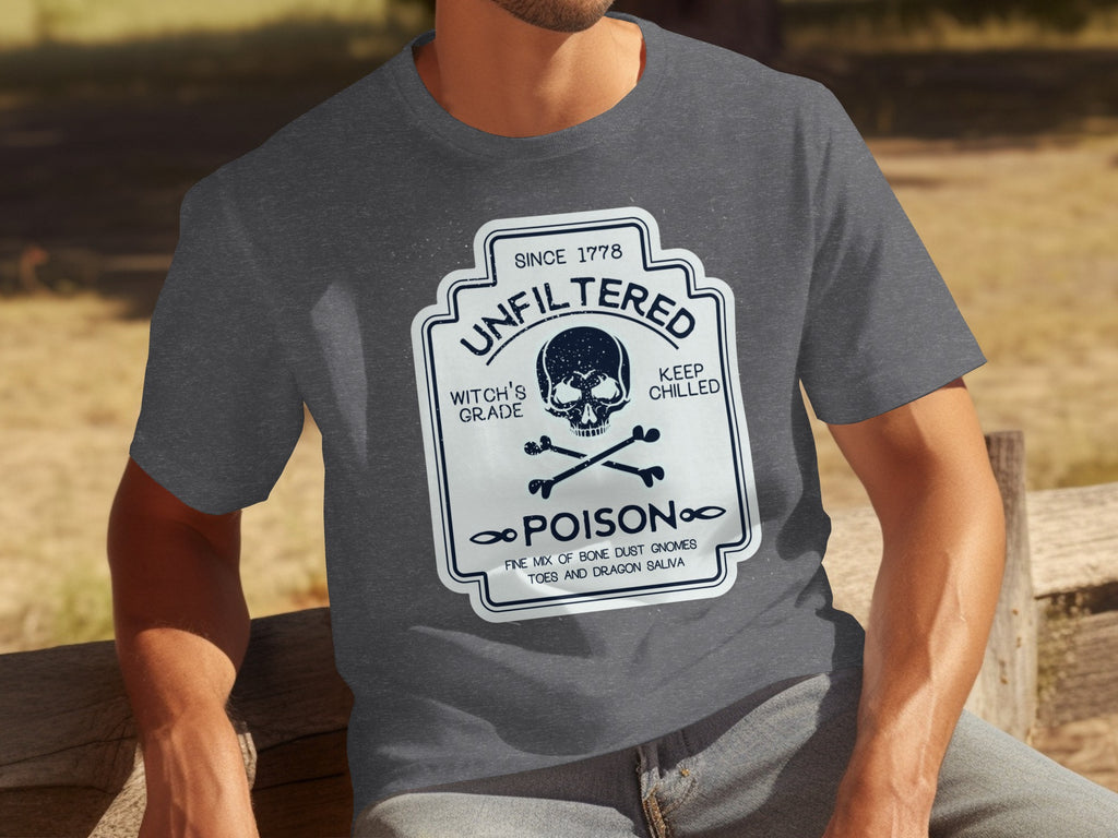 Dark gray t-shirt with a white label graphic featuring a skull and crossbones and "POISON" text.