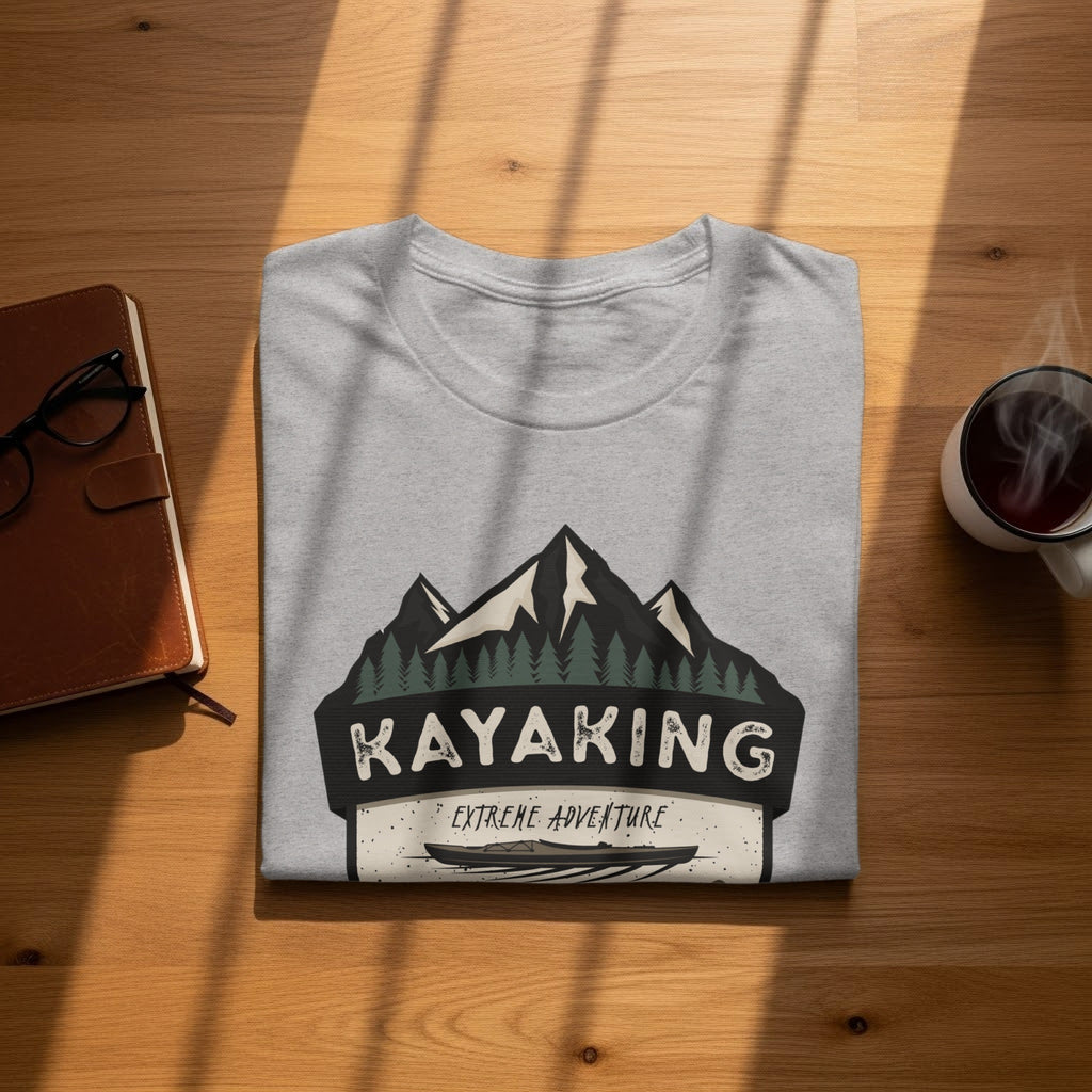 Gray t-shirt with "Kayaking Extreme Adventure" graphic featuring mountains and a kayak.