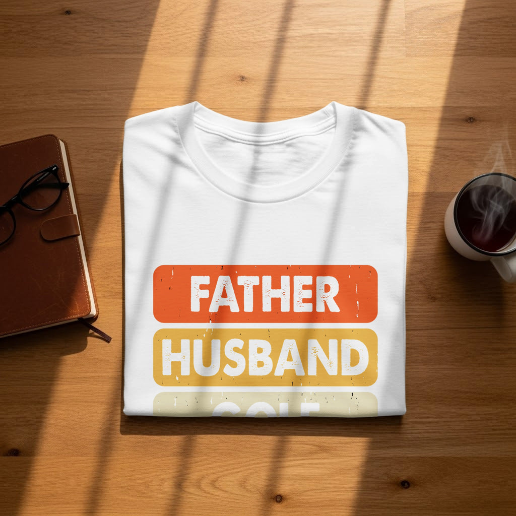 White t-shirt with "FATHER HUSBAND GOLF" text in colored block lettering.