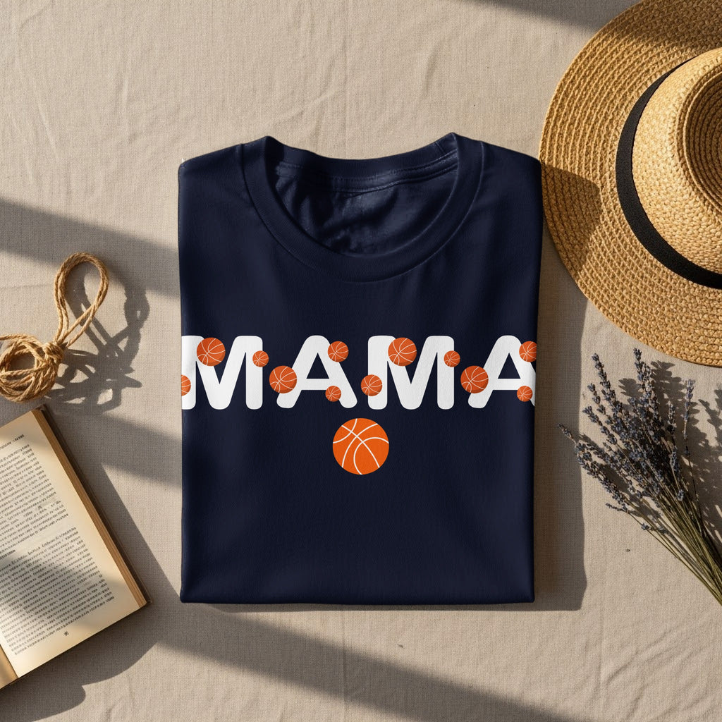 Navy t-shirt with "MAMA" text and basketball graphics.