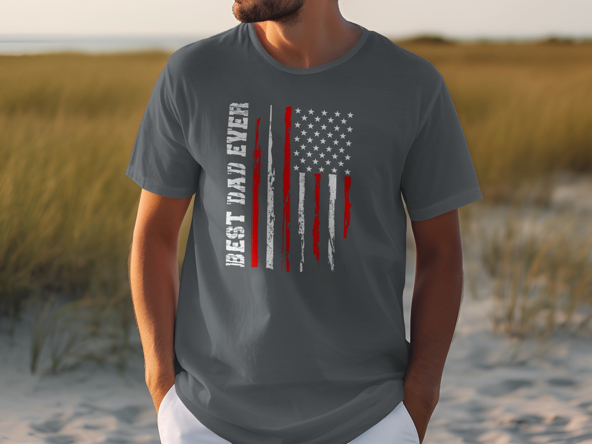 T-shirt with distressed American flag graphic and text "BEST DAD EVER".