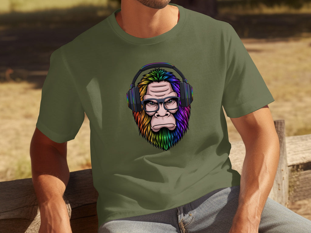 Green t-shirt with Bigfoot wearing glasses and rainbow headphones graphic.
