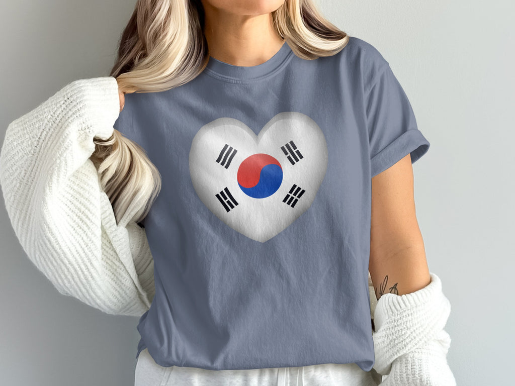 Gray t-shirt with a heart-shaped South Korean flag design.