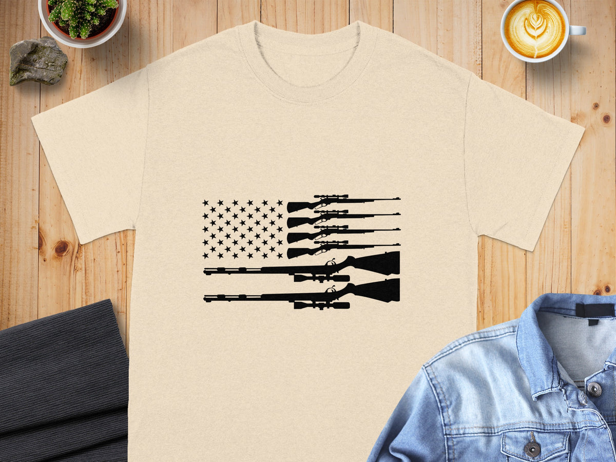 T-shirt with black rifle silhouettes forming an American flag design.