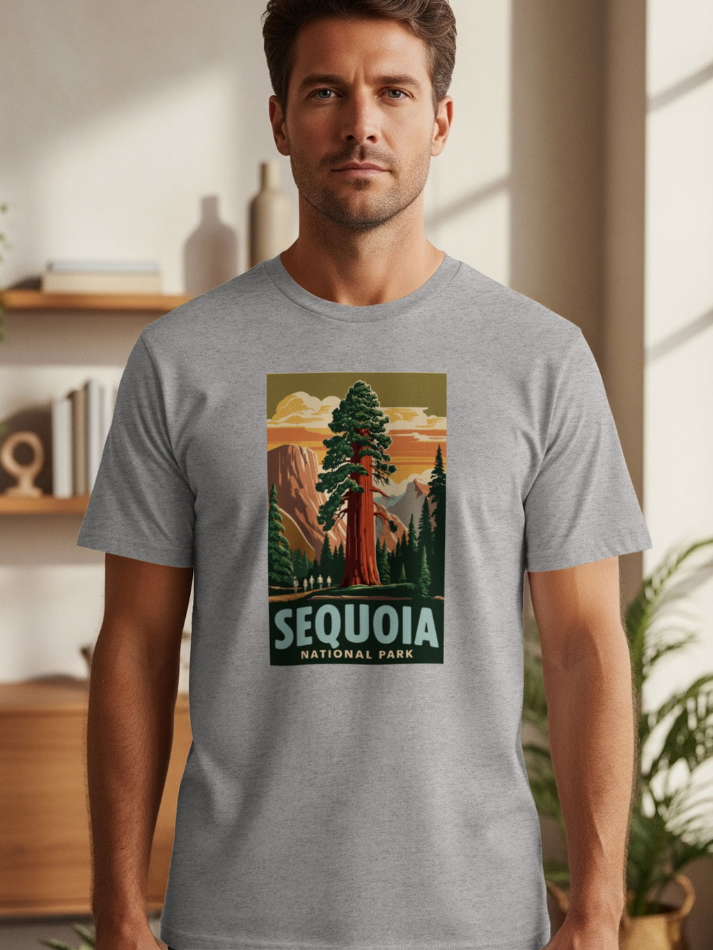 Sequoia National Park illustration with giant sequoia tree and mountains.