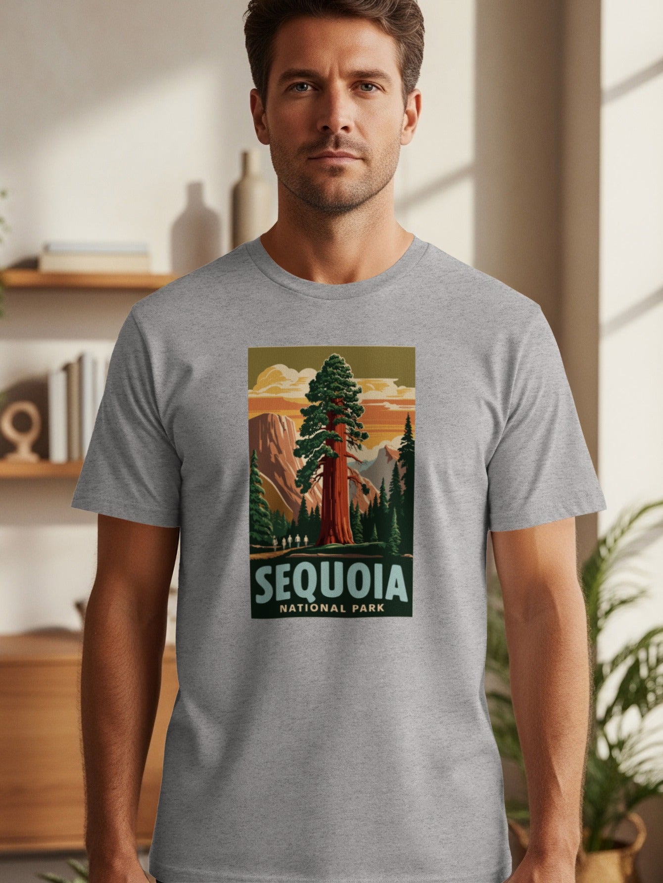 Sequoia National Park illustration with giant sequoia tree and mountains.