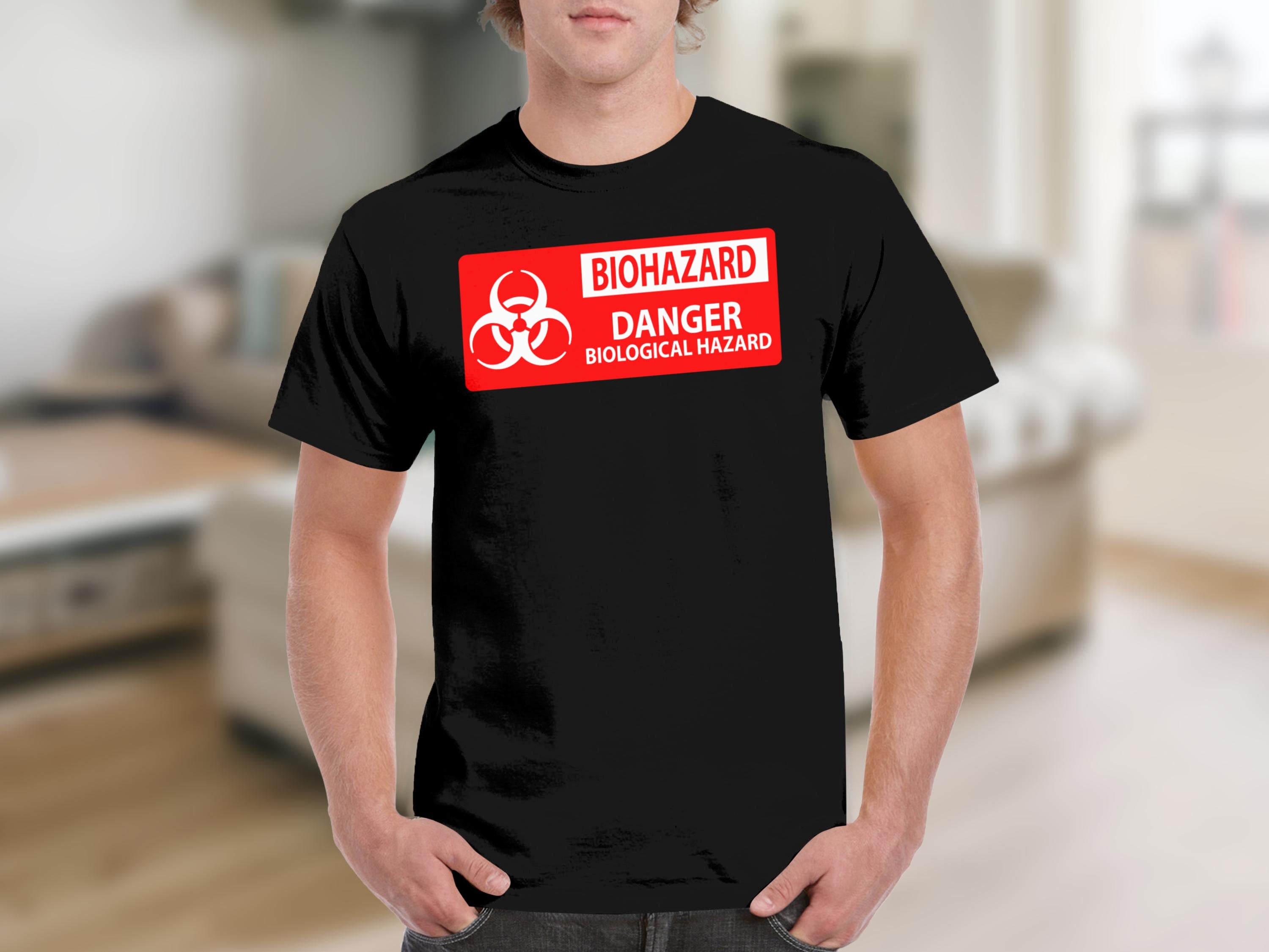 Black t-shirt featuring a red biohazard warning sign with text.