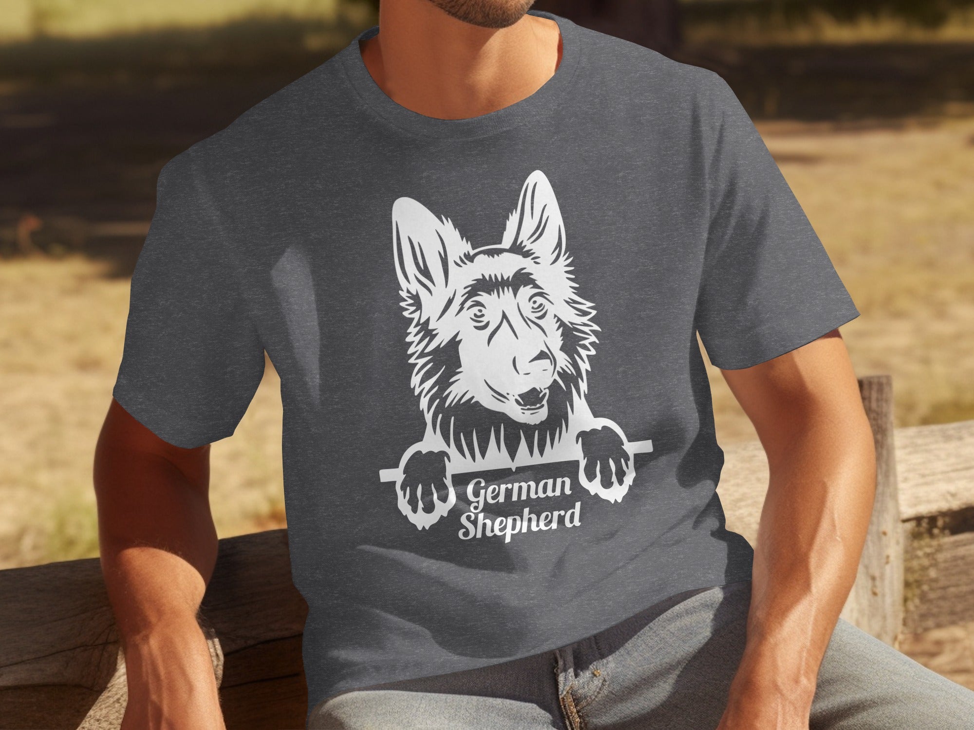 Dark gray t-shirt with white German Shepherd graphic and text.