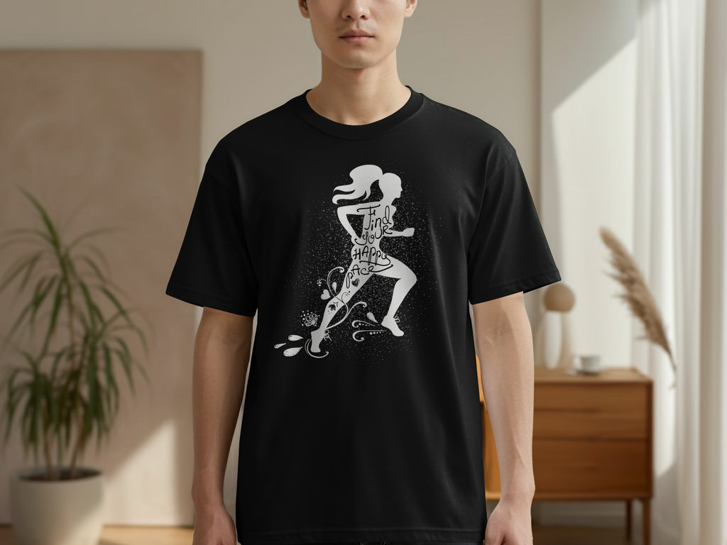 Black t-shirt with a white graphic of a runner and the text "Find your happy pace."