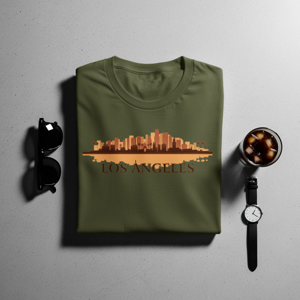 Olive green t-shirt with Los Angeles skyline graphic and text.