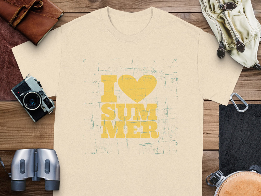 Cream t-shirt with distressed yellow "I LOVE SUMMER" graphic.