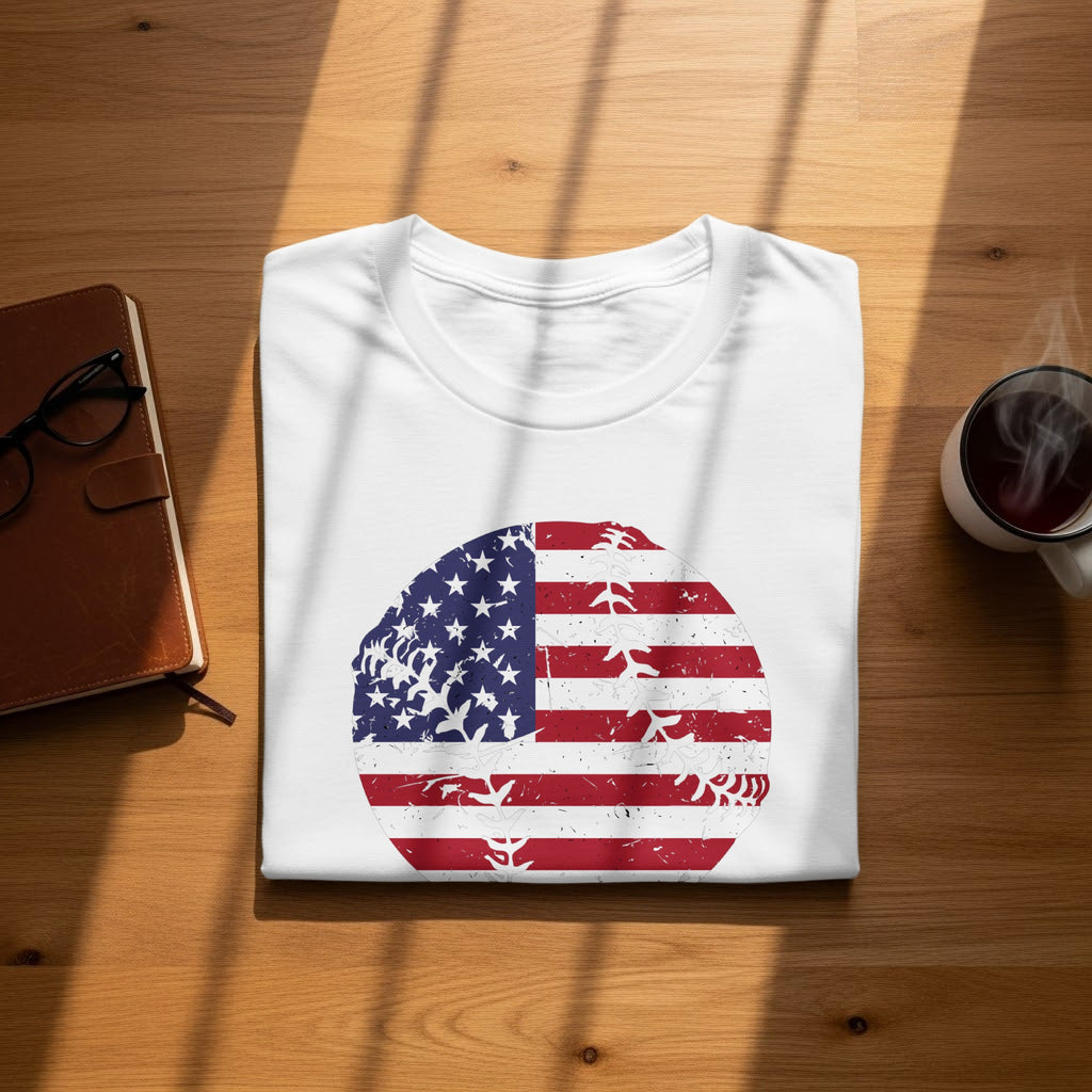 White t-shirt with distressed American flag baseball graphic.