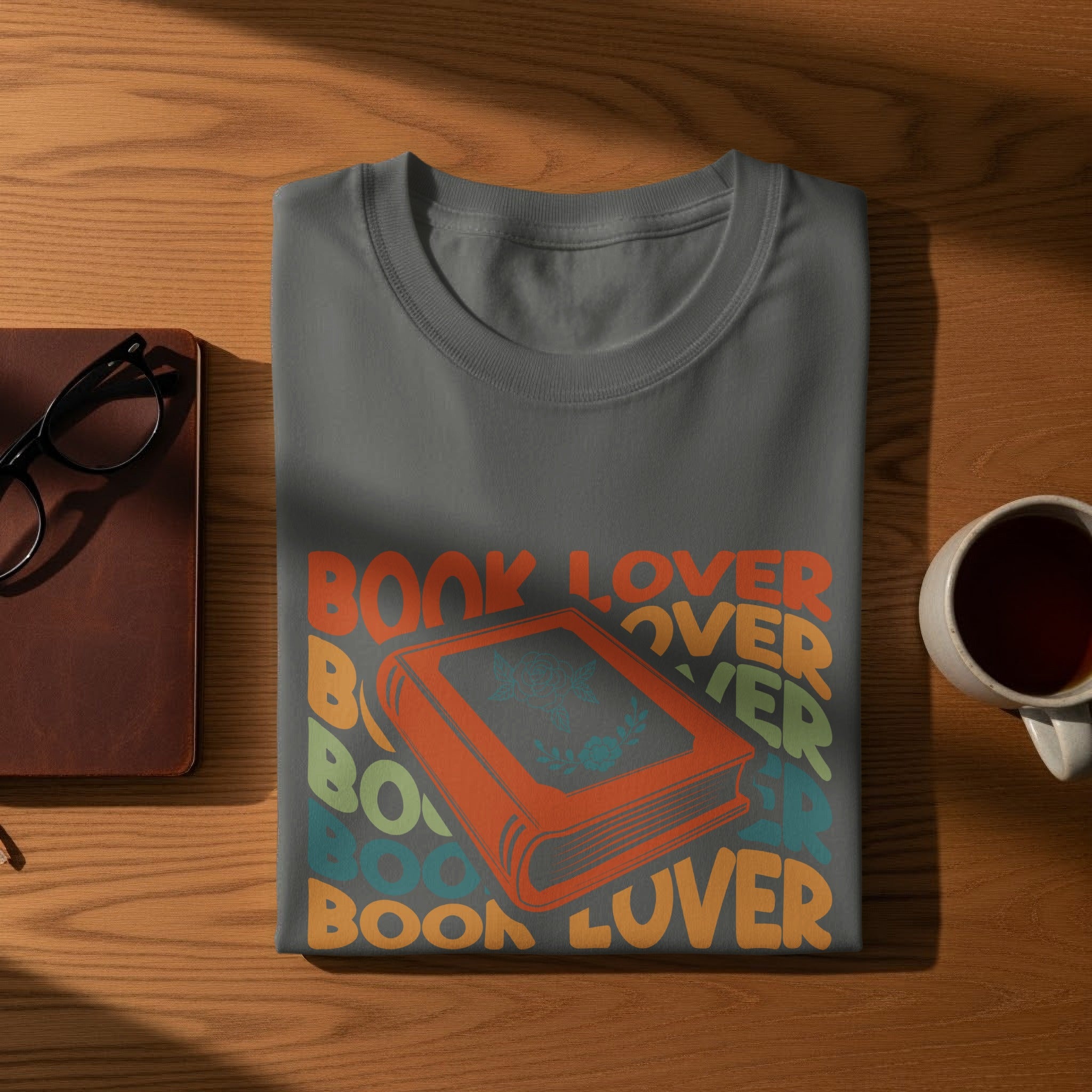 Graphic t-shirt with "Book Lover" text and an open book graphic.