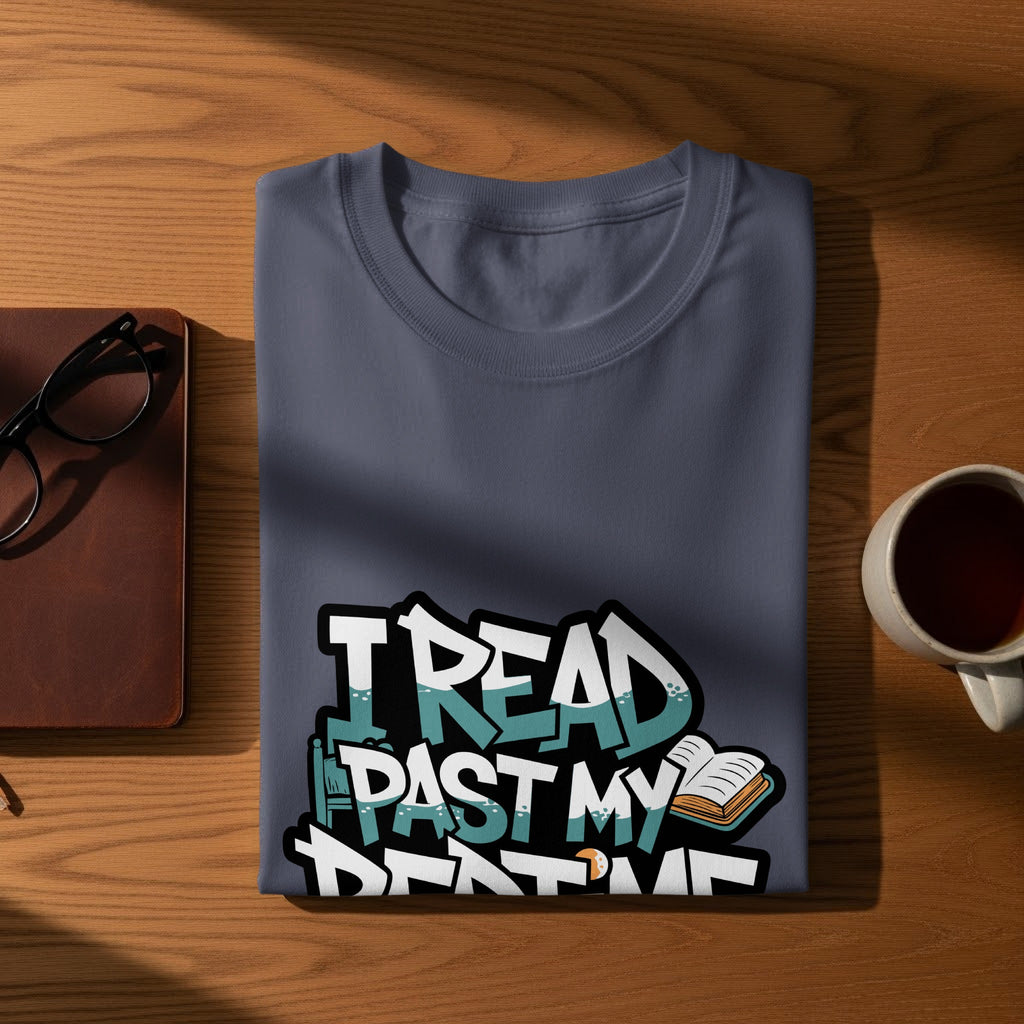 Folded t-shirt with "I read past my bedtime" graphic, book, and glasses.