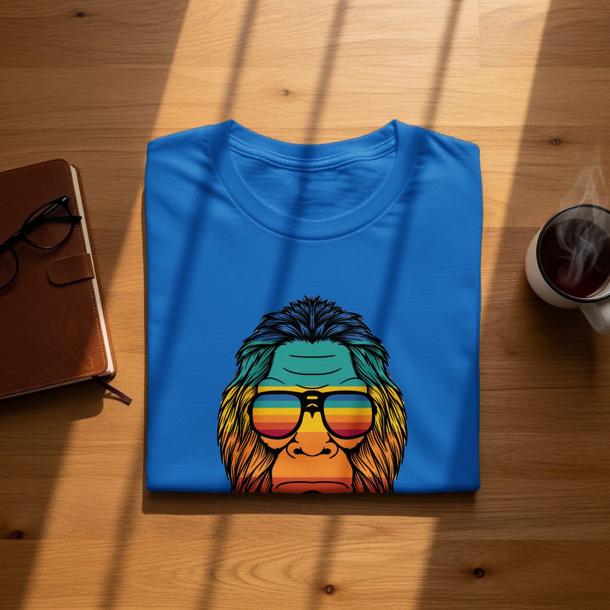 Blue t-shirt with a Bigfoot graphic wearing rainbow-striped sunglasses.