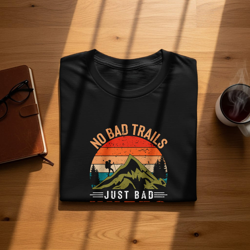 Black t-shirt with vintage mountain and hiker graphic and text "NO BAD TRAILS JUST BAD".