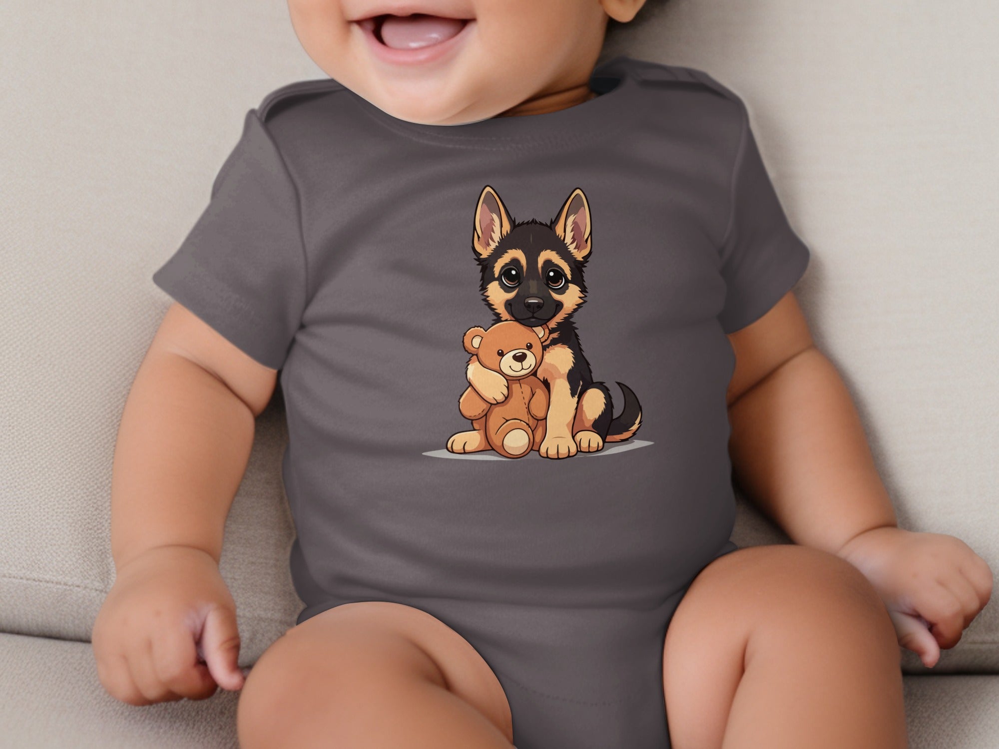 Cute German Shepherd puppy hugging a teddy bear graphic on a gray baby bodysuit.