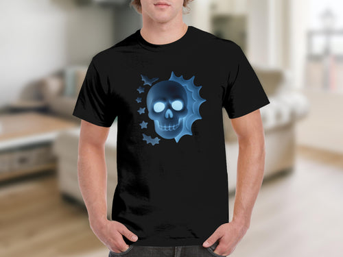 Black t-shirt with a glowing blue skull and starry background graphic.