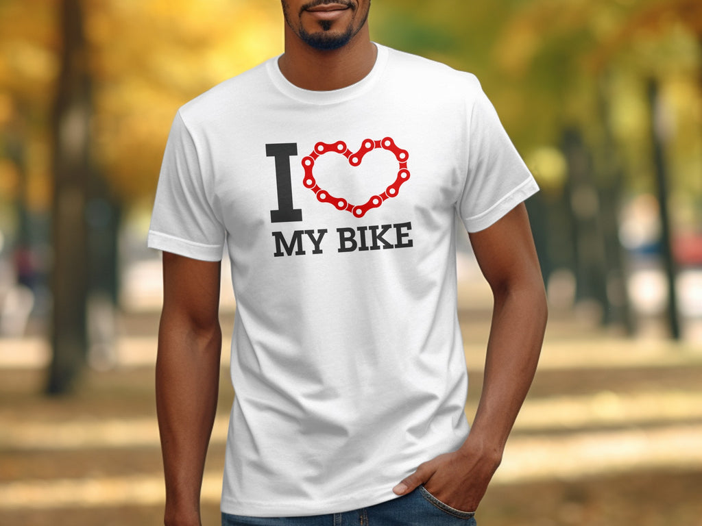 White t-shirt with black text and a red heart made of bicycle chain.