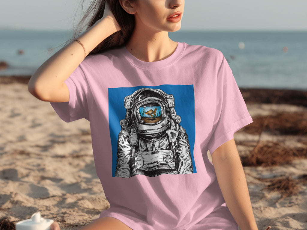 Pink t-shirt with astronaut helmet graphic containing a goldfish and coral.