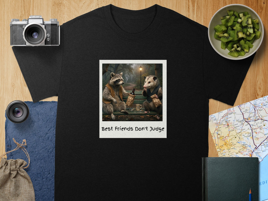 Black t-shirt with a polaroid graphic of a raccoon and possum sitting on a bench, reading "Best Friends Don't Judge."