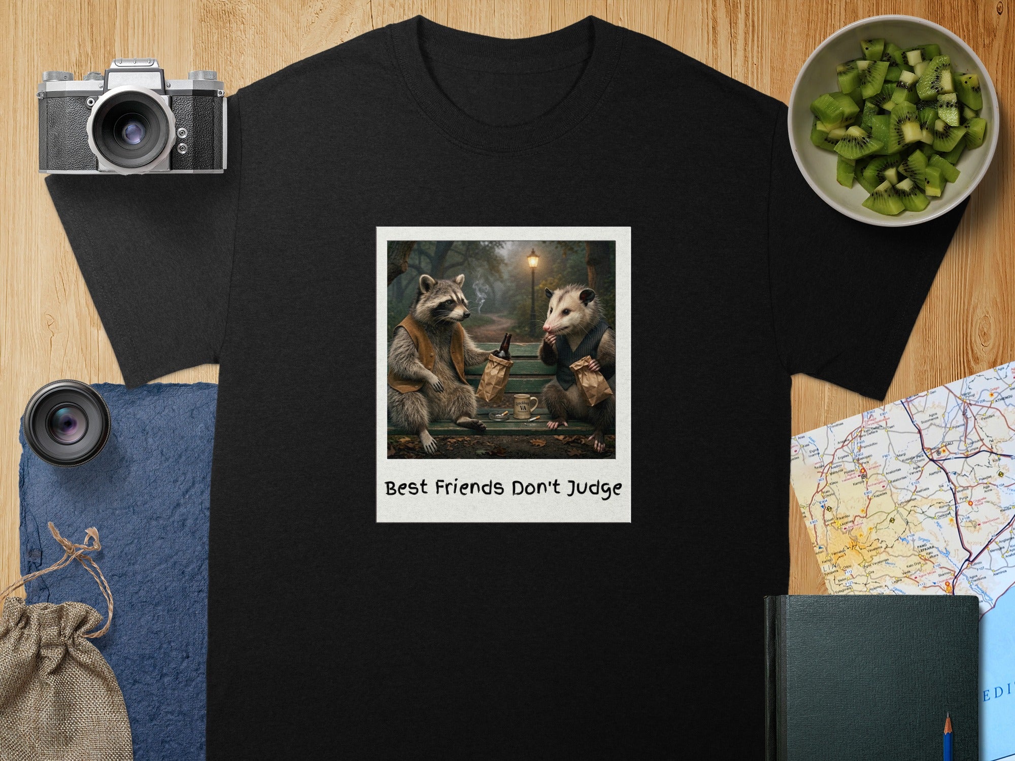 Black t-shirt with a polaroid graphic of a raccoon and possum sitting on a bench, reading "Best Friends Don't Judge."
