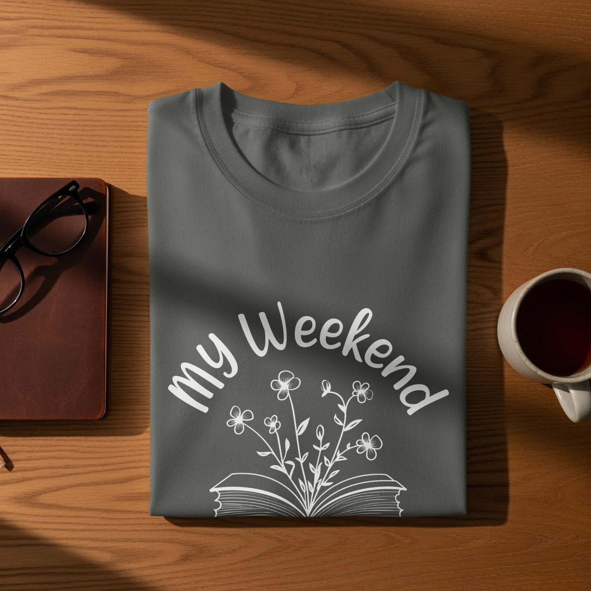 Gray t-shirt with "my Weekend" and flowers growing from an open book.