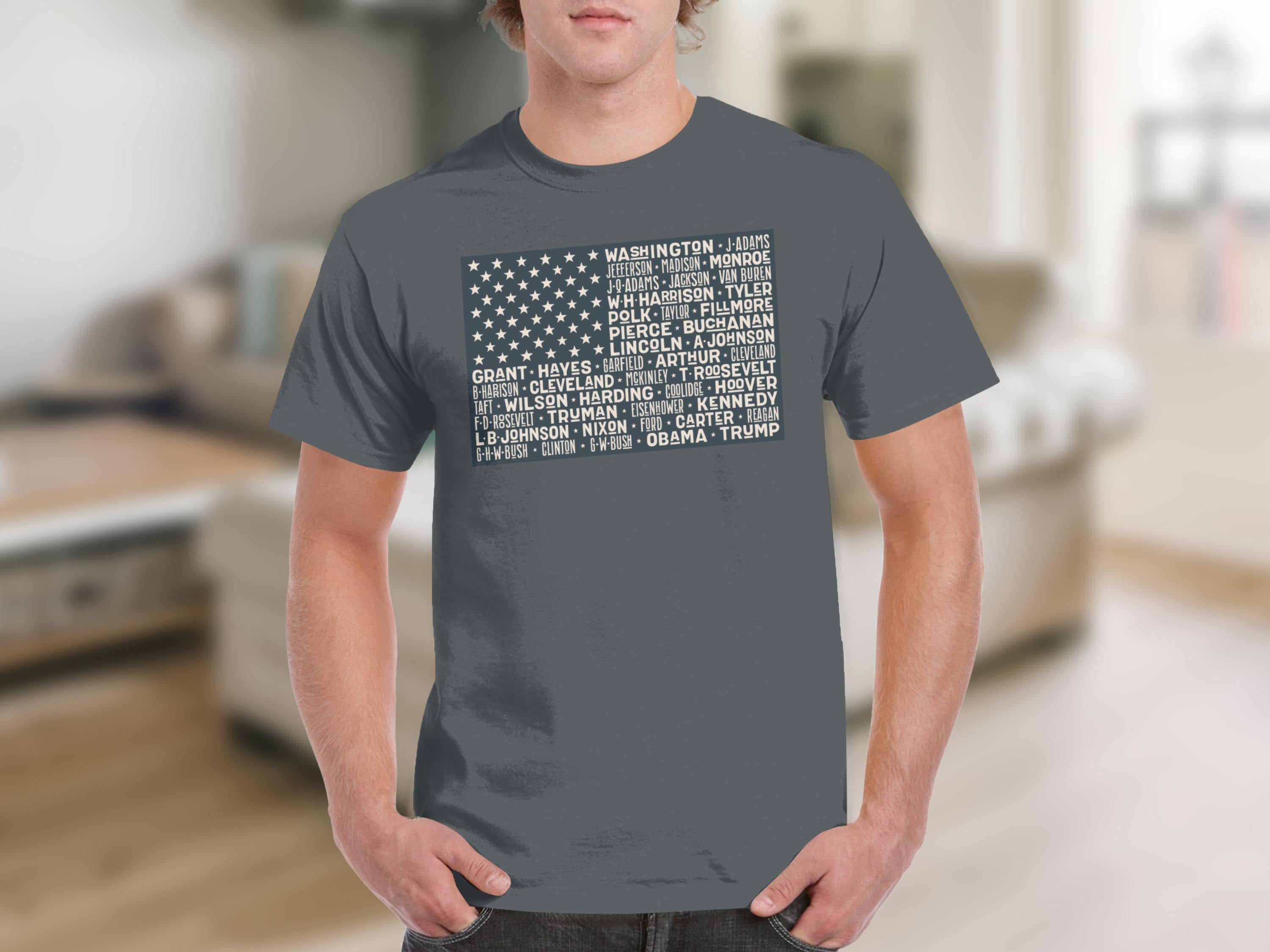 Dark grey t-shirt featuring a distressed American flag with US presidents' names.