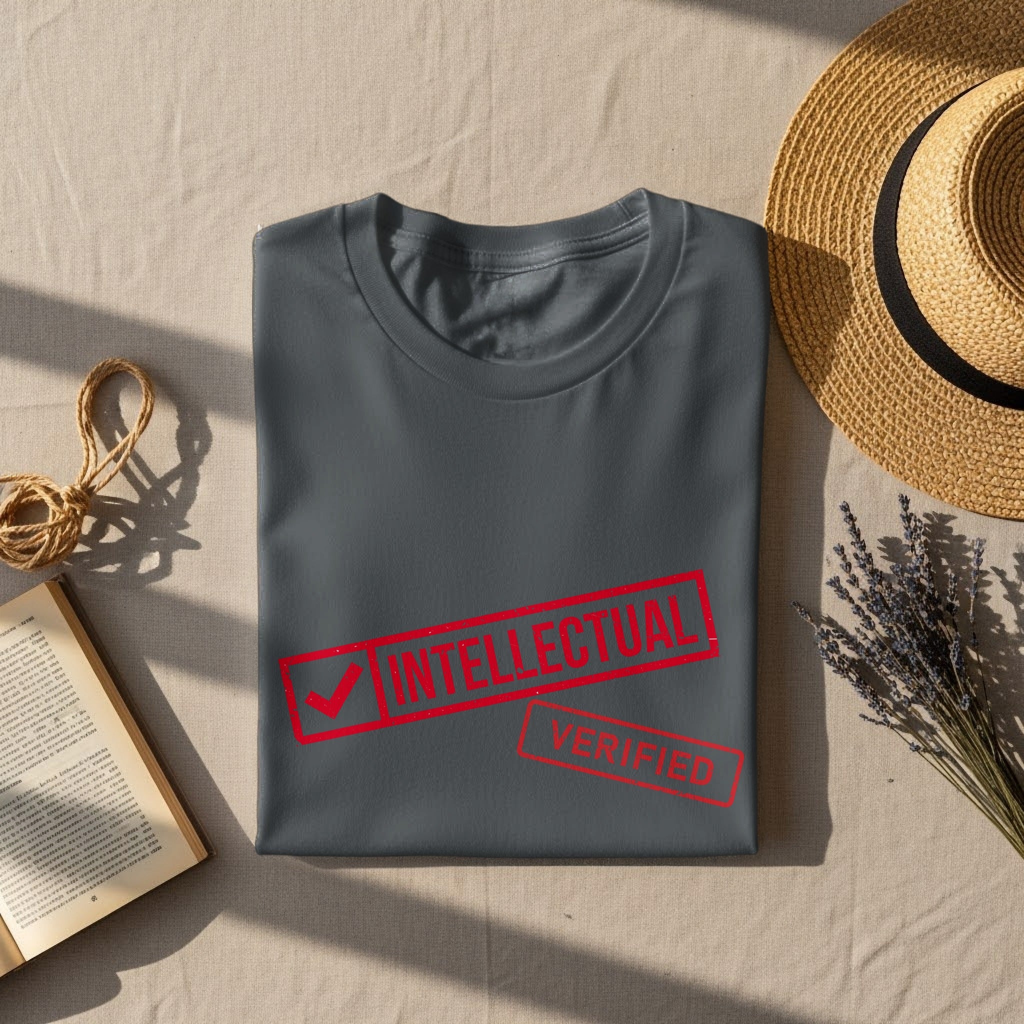 Dark grey t-shirt with "Intellectual Verified" in red stamped text.