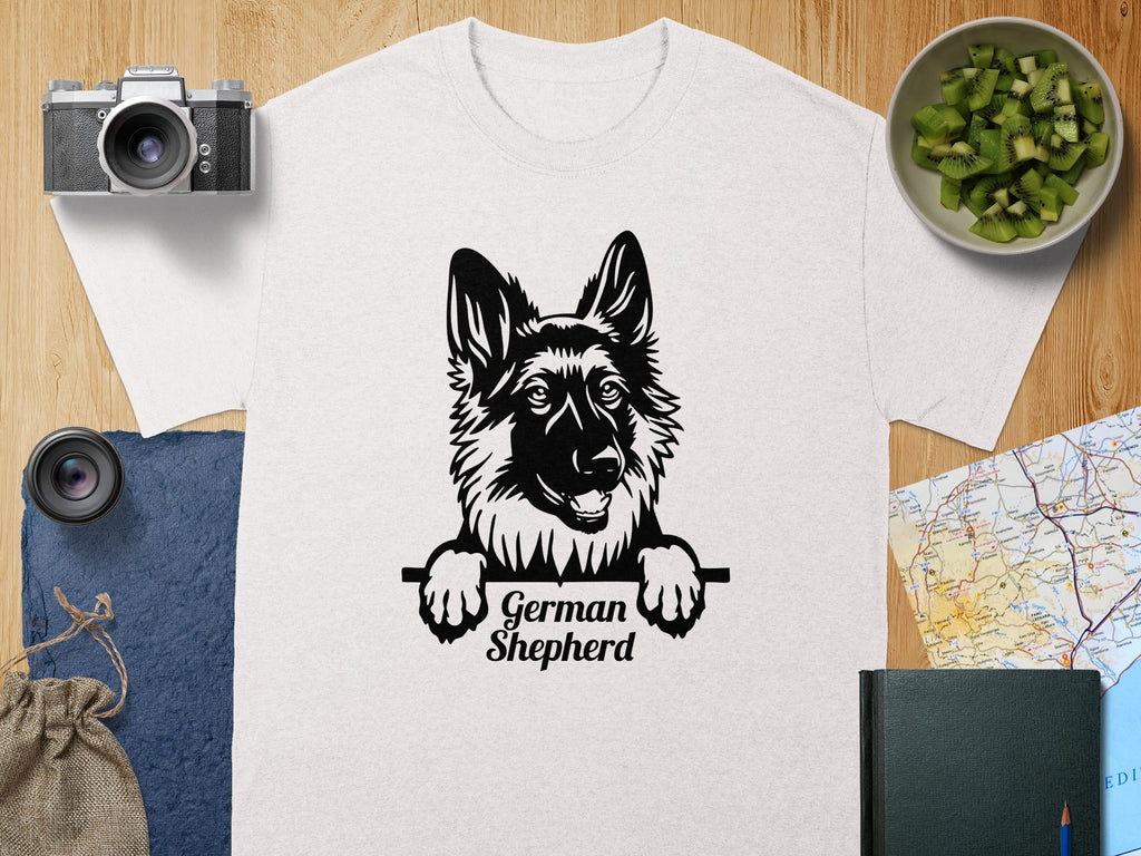 White t-shirt with black German Shepherd graphic and title.