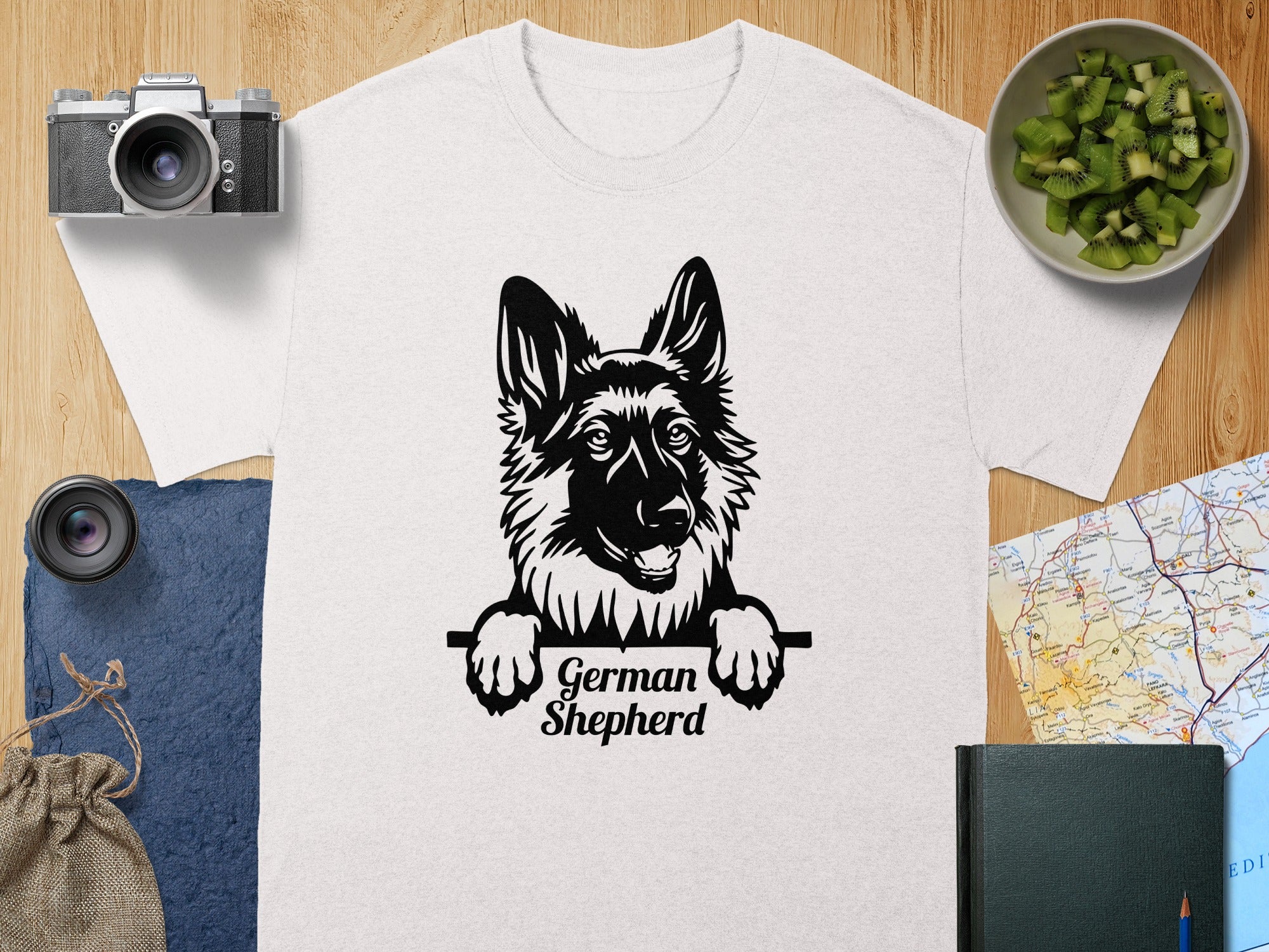 White t-shirt with black German Shepherd graphic and title.