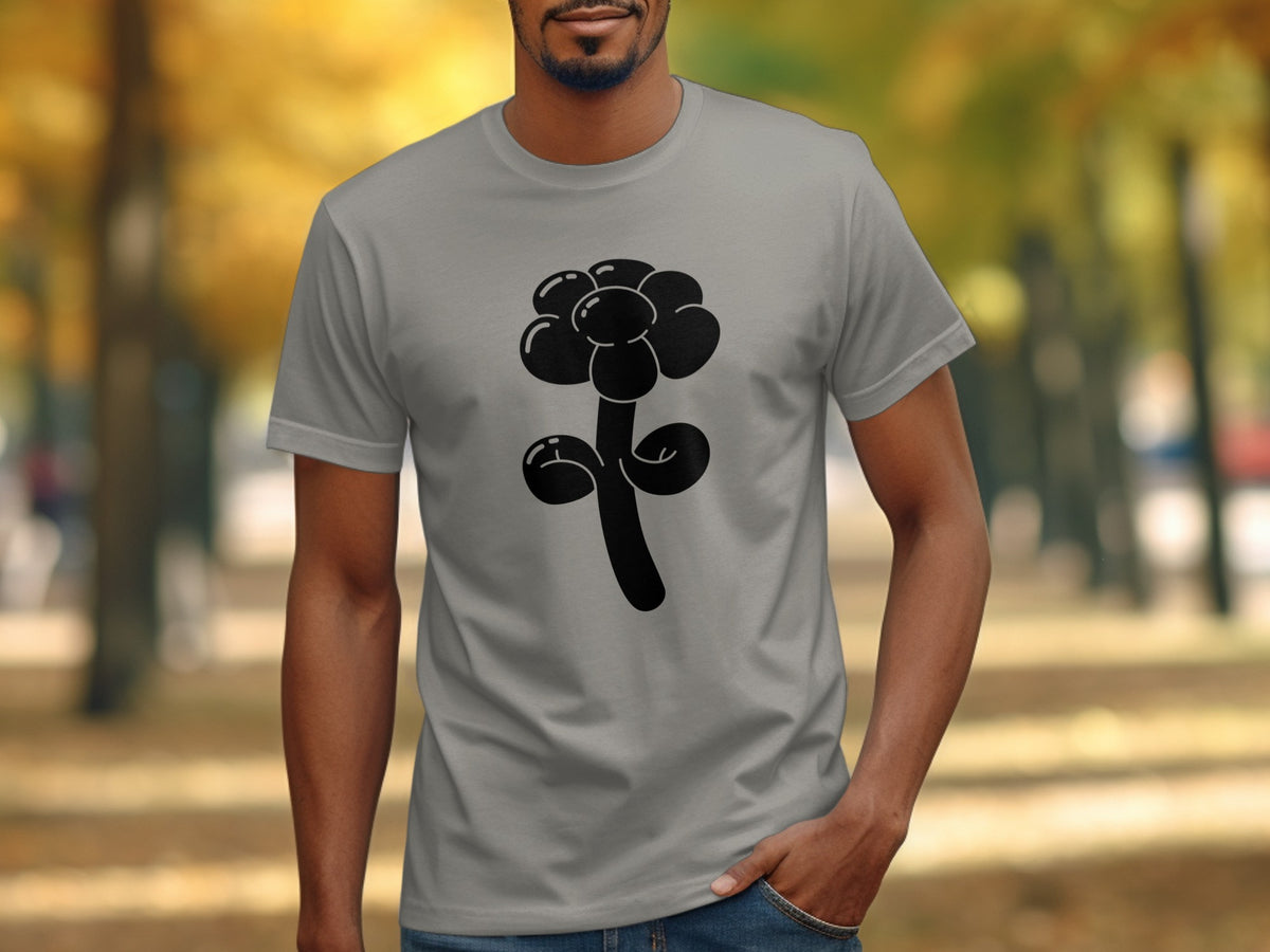Grey t-shirt with a black balloon flower graphic on the chest.