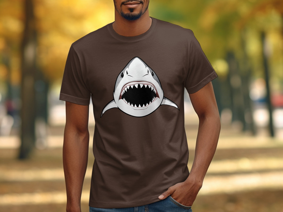 Brown t-shirt with a cartoon shark head graphic featuring an open mouth and sharp teeth.