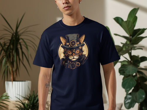 Steampunk cat wearing a top hat and goggles, printed on a navy t-shirt.