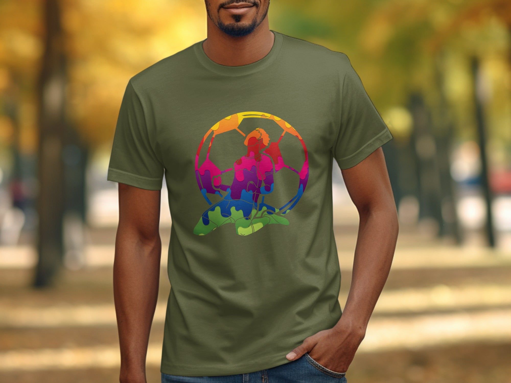 Olive green t-shirt with a colorful abstract soccer player design.