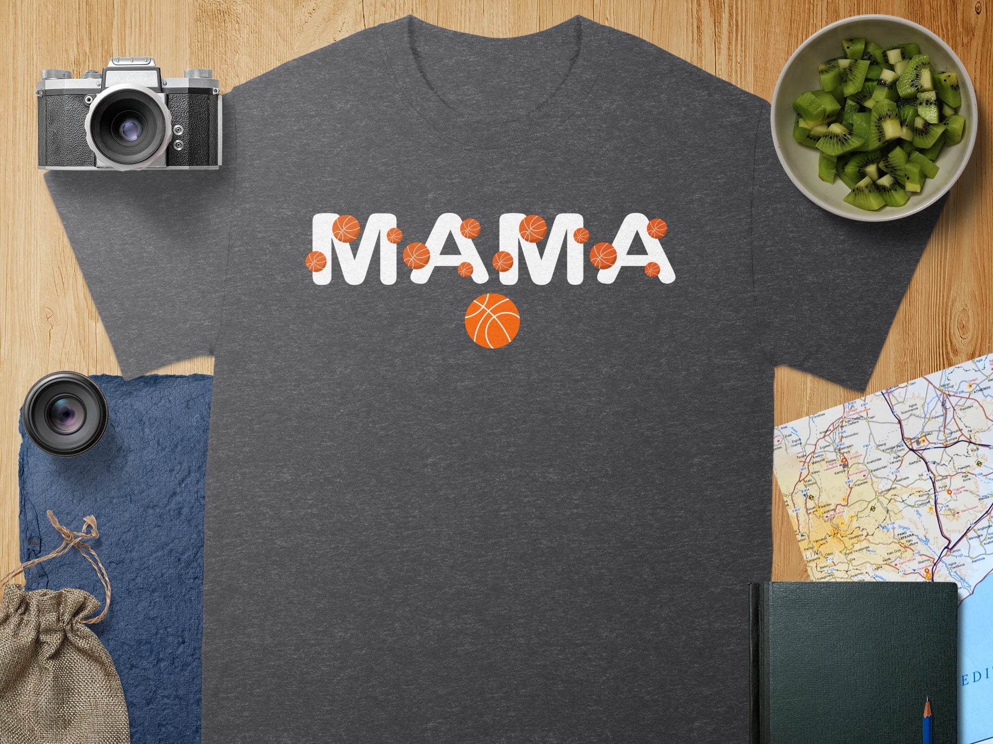 Dark grey t-shirt with white "MAMA" text and orange basketballs.