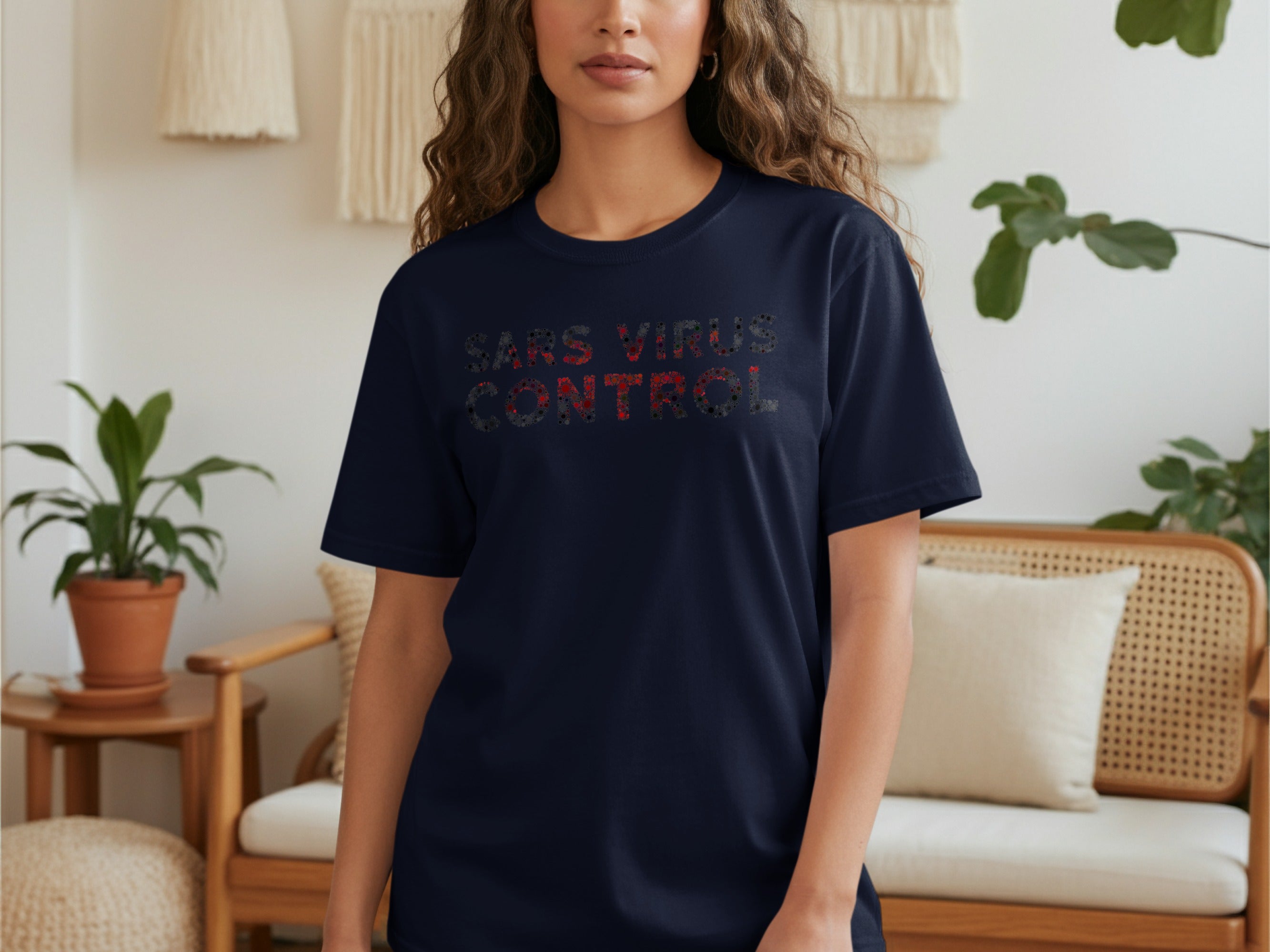 Dark navy t-shirt with "SARS VIRUS CONTROL" text made of small virus graphics.