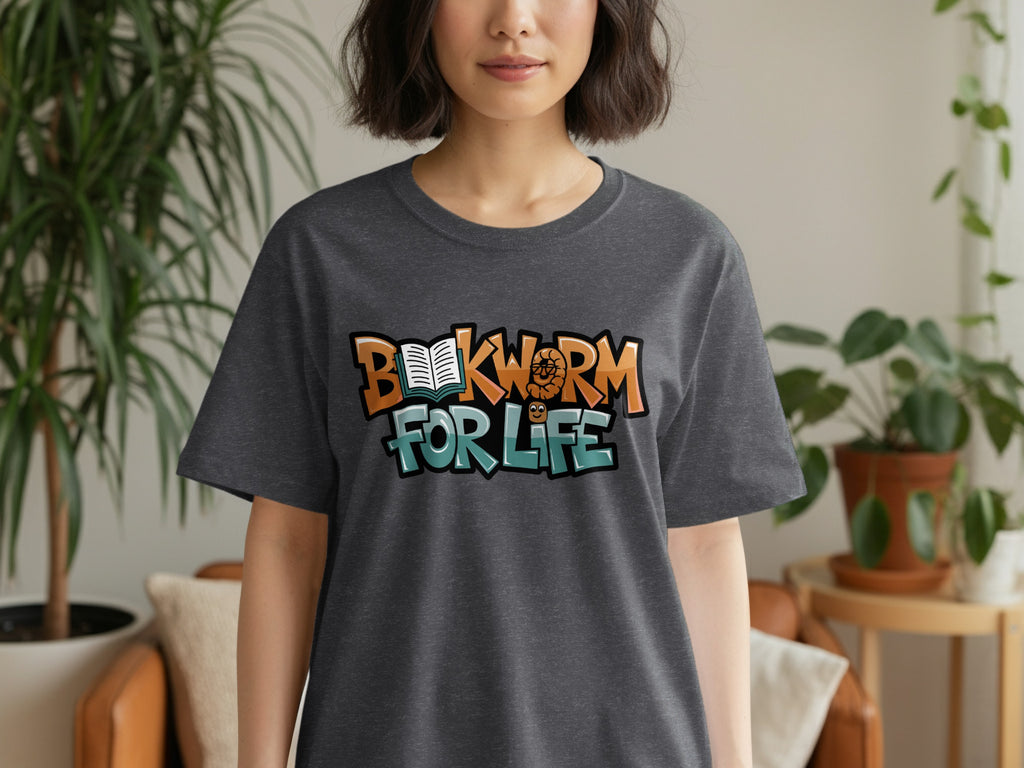 Dark gray t-shirt with "BOOKWORM FOR LIFE" text and cartoon bookworm graphic.