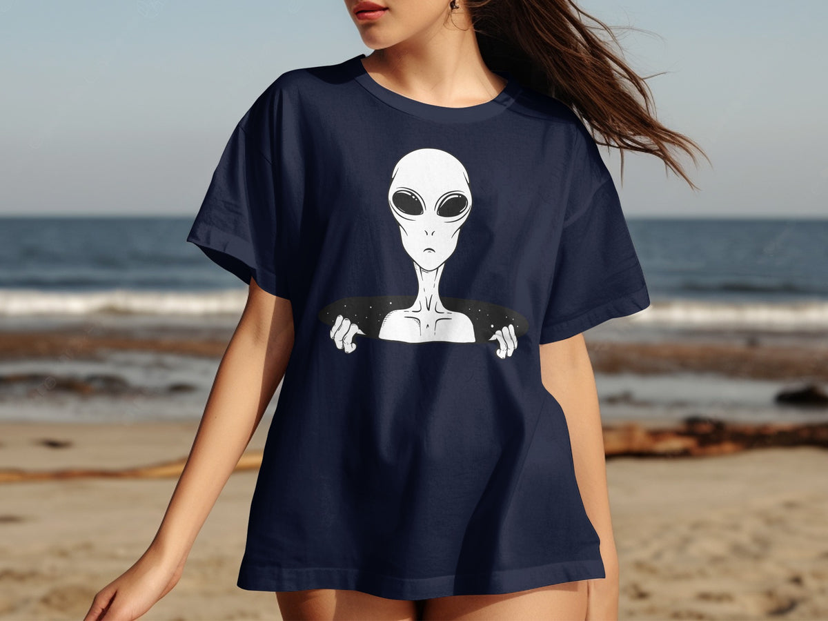 Navy t-shirt with white alien graphic on the front.