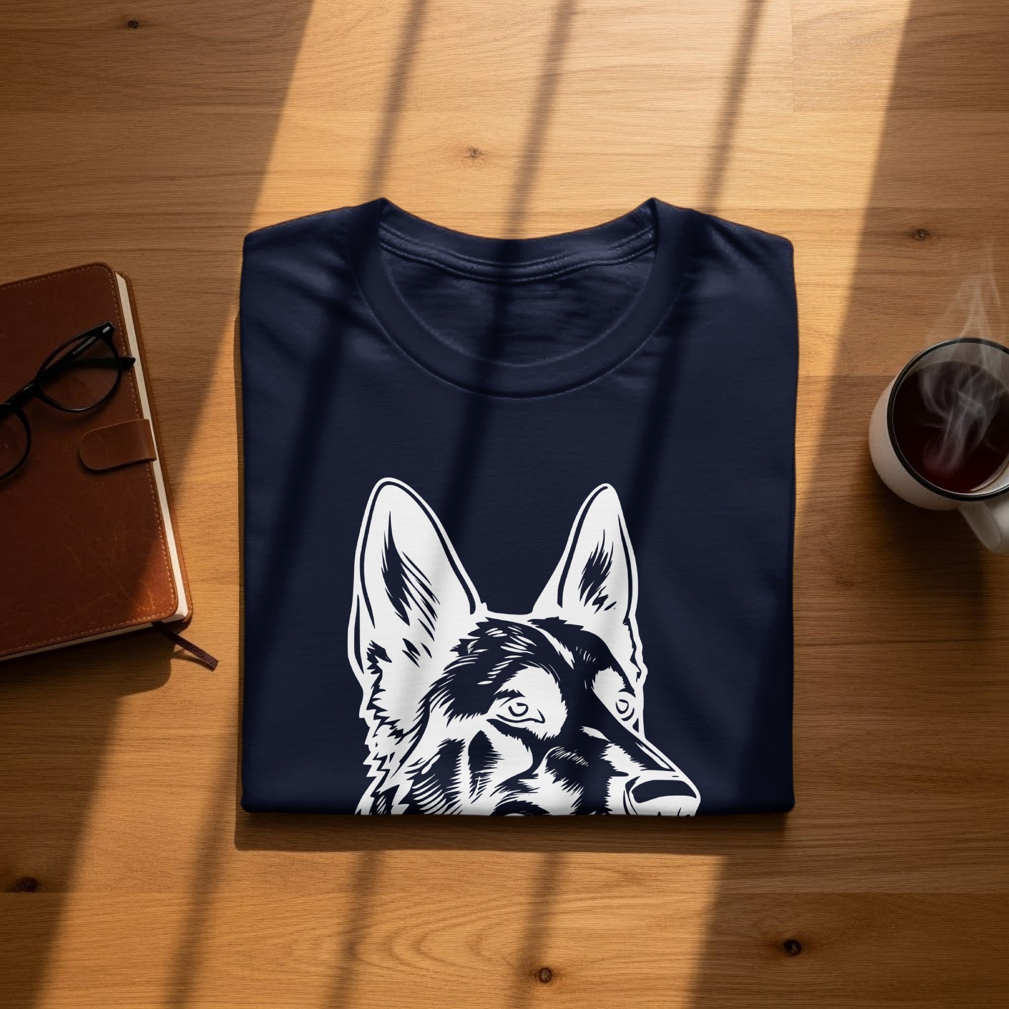 Navy t-shirt with a white German Shepherd graphic, laid flat on a wooden table.